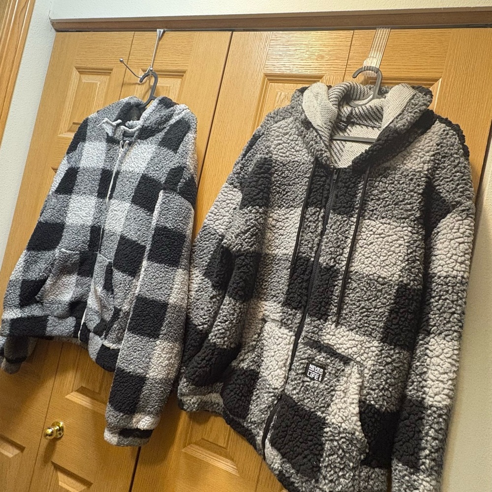 Matching SHEIN Black and Gray Plaid Sherpa Jacket for couples